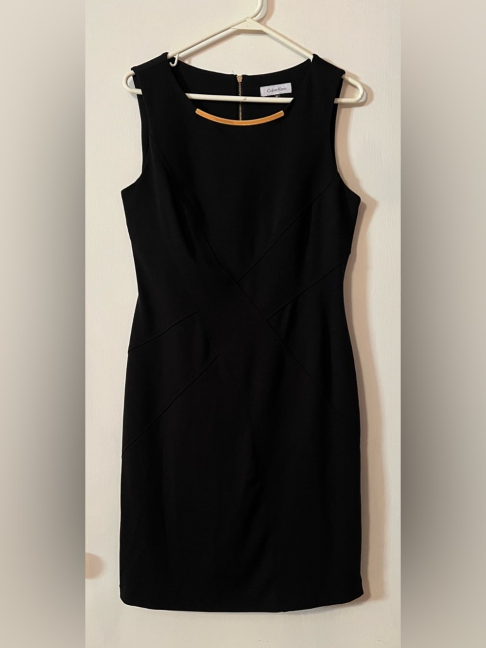 Calvin Klein Black Sleeveless Sheath Dress with Gold Bar Embellishment